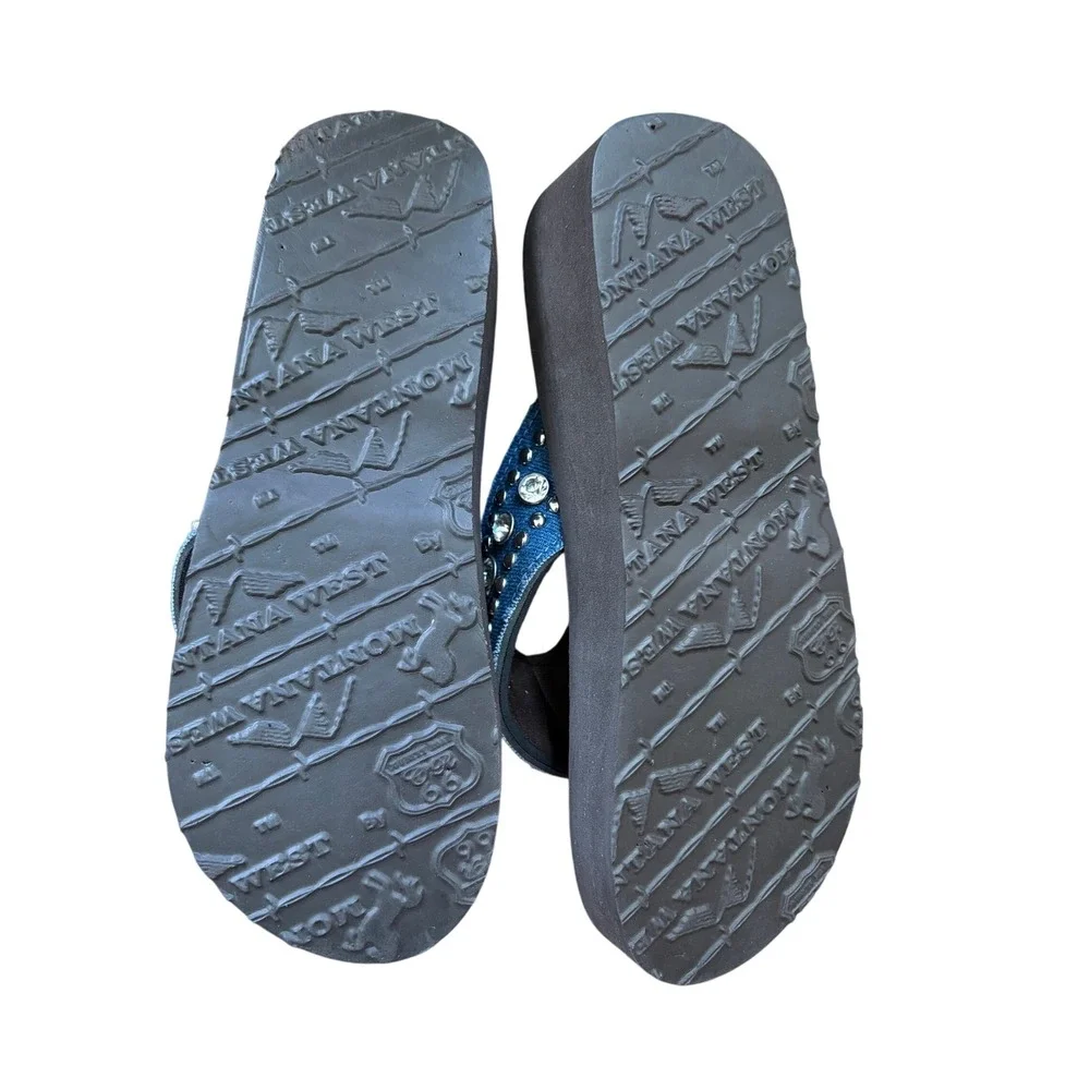 Montana West Womens Denim Rhinestone Studded Platform Flip Flops Blue Size 8